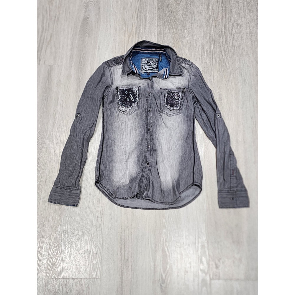 Affliction Black Premium Grey Denim Button Up Shirt Women’s Small Distressed